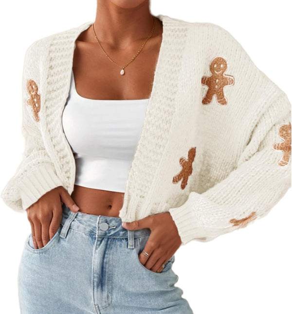 Women's Christmas Cropped Cardigan Sweaters Long Sleeve Ugly Christmas Gingerbread Man Open Front Cardigan