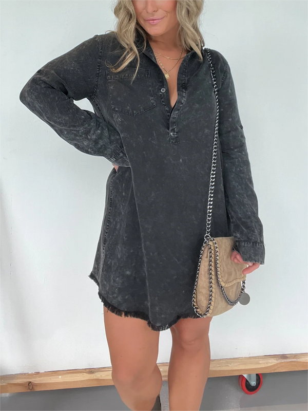 Long Sleeve Denim Washed Shirt Dress (Buy 2 Free Shipping)