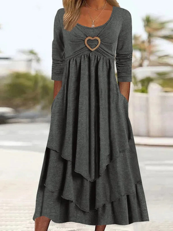 Plain Regular Fit Crew Neck Long Sleeve Casual Midi Dress