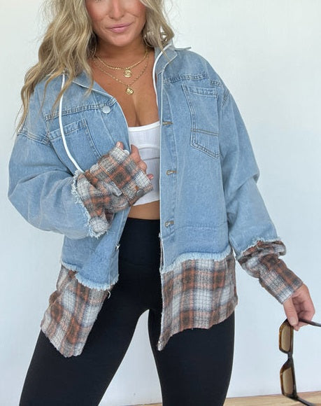 Plaid Hooded Denim Jacket (Buy 2 Free Shipping)