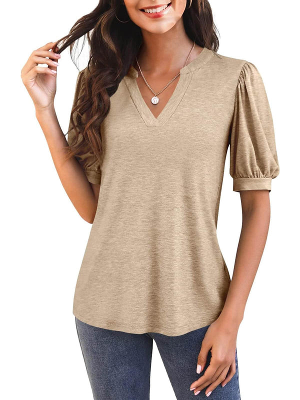 Women's V Neck Puff Sleeve Basic T-shirt