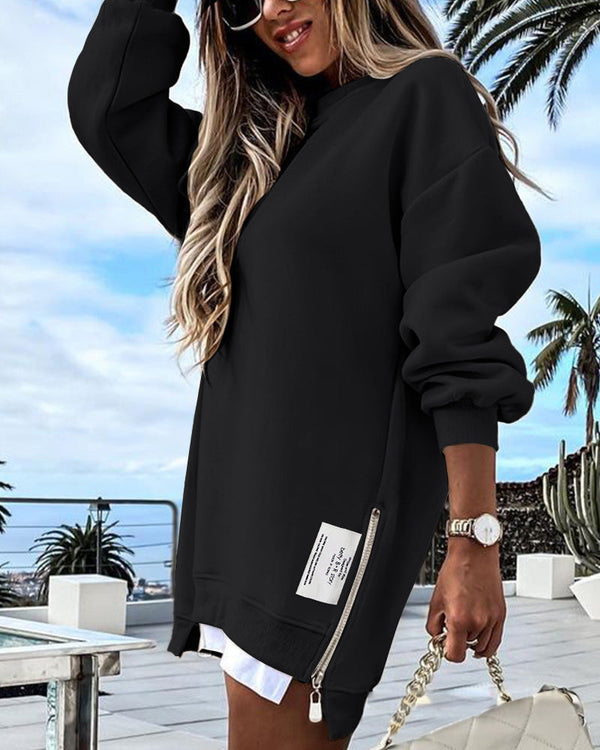 Casual Long Sleeve Zipper Slit Oversized Sweatshirt